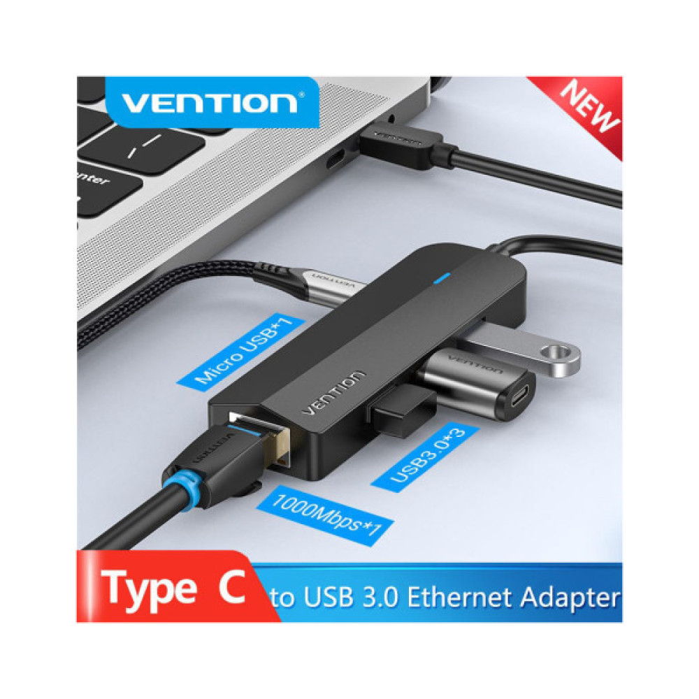 Концентратор VENTION USB 3.1 Type-C to 3xUSB 3.0+MicroUSB+RJ45 100M Ethernet black (TGPBB)