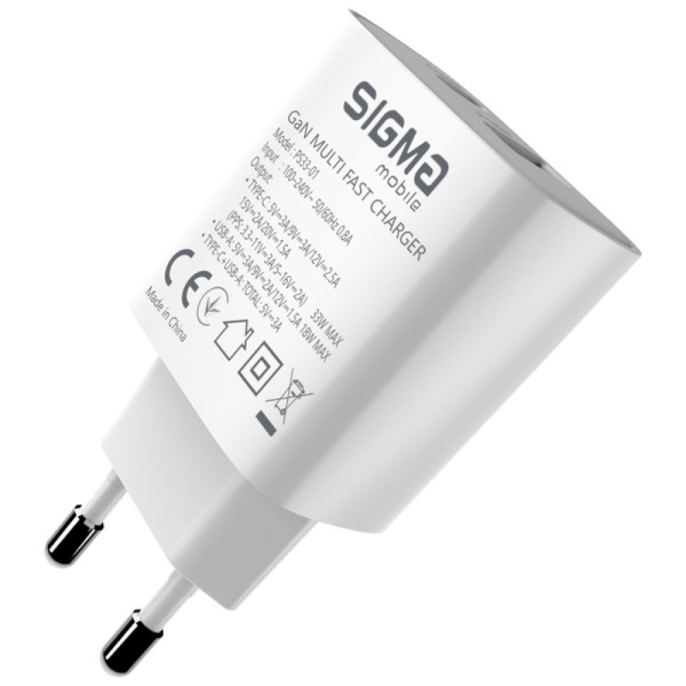 Зарядний пристрій Sigma 1xUSB-C PD33W + 1xUSB QC3.0 GaN X-power PS33-01 white (4827798527719)