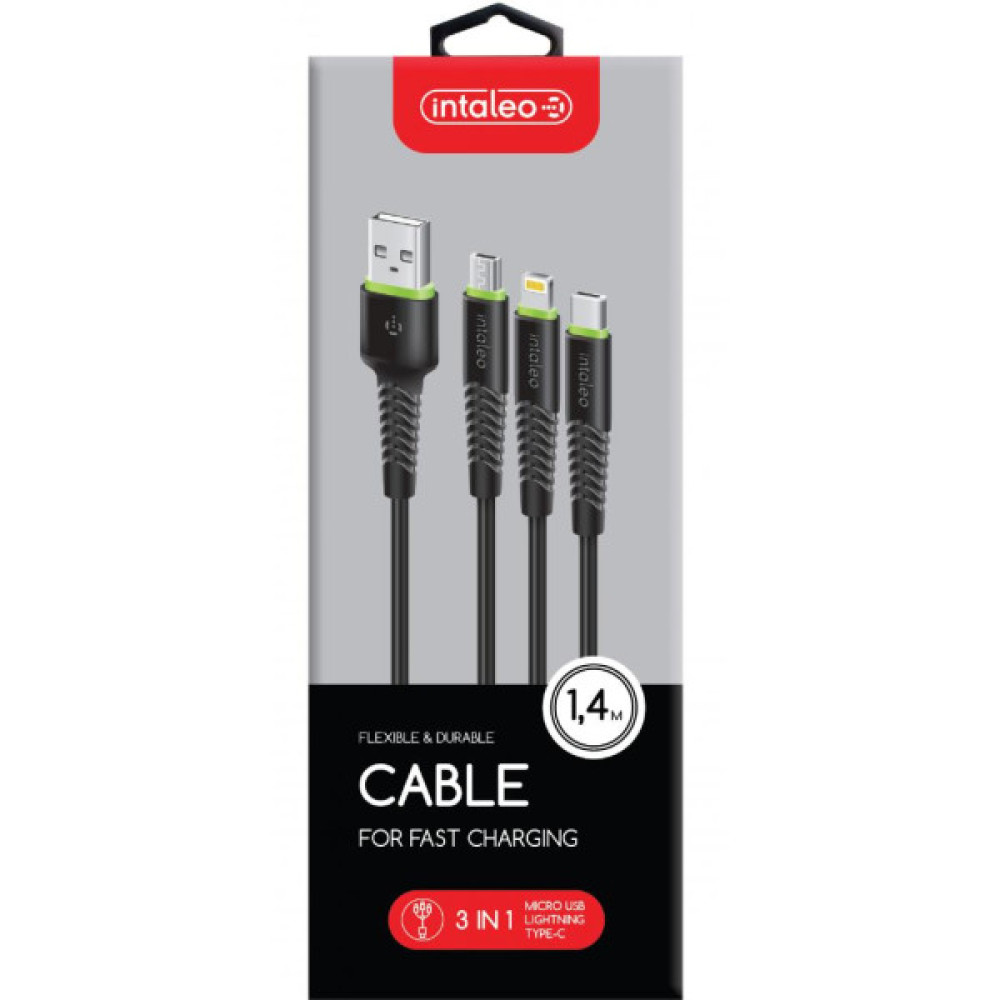 Дата кабель USB 2.0 AM to Lightning + Micro 5P + USB-C 1.4m CBFLEXU1 bl Intaleo (1283126487521)
