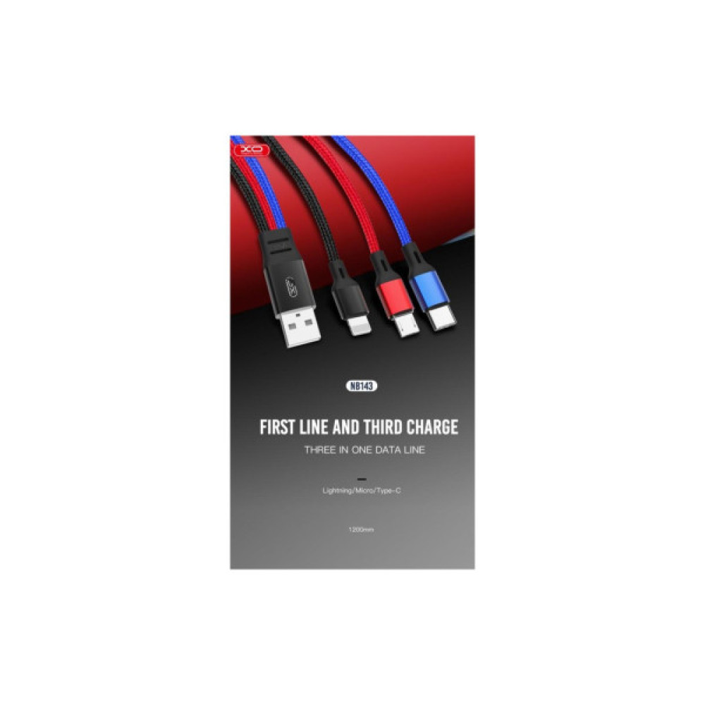 Дата кабель USB 2.0 AM to Lightning + Micro 5P + USB-C 1.2m black red blue XO (XO-NB143-3in1)