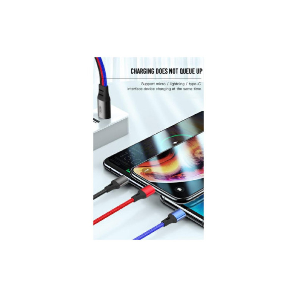 Дата кабель USB 2.0 AM to Lightning + Micro 5P + USB-C 1.2m black red blue XO (XO-NB143-3in1)