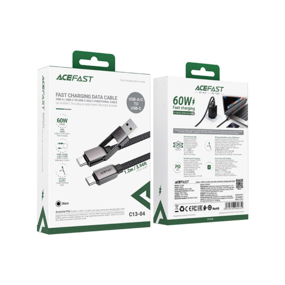 Дата кабель USB-C + USB-A to USB-C 1.2m 3.0A zink alloy C13-04 Black Acefast (6974316282334)