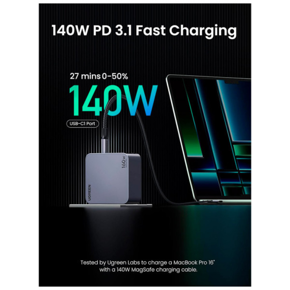 Зарядний пристрій Ugreen 4xUSB 160W (3xUSB-C + USB-A) Gan Nexode Pro X763 (25877)