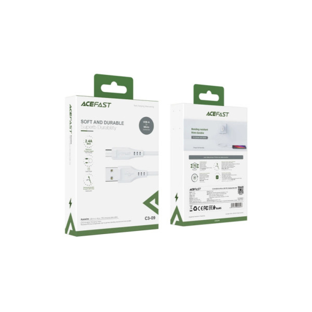 Дата кабель USB 2.0 AM to Micro 5P 1.2m 2.4A TPE C3-09 white Acefast (6974316280897)