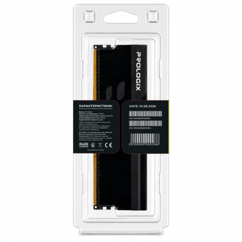 Модуль пам'яті для комп'ютера DDR4 8GB 3600 MHz Onyx Black RGB Prologix (PRO8GB3600YBR4)