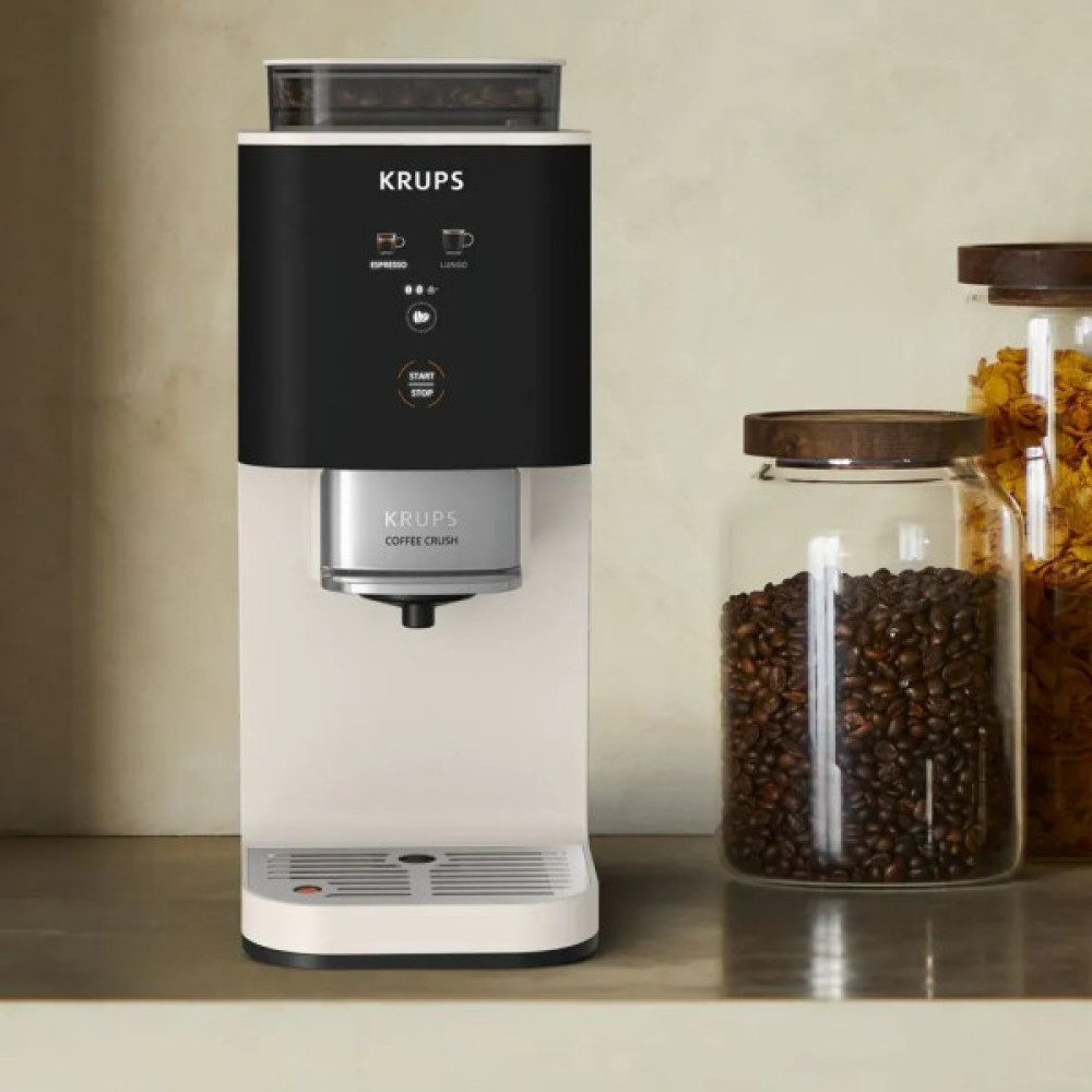 Кавомашина Krups Coffee Crush, 1.8л, зерно, ОLED дисплей, авторецептів - 2, метал, чорно-бежевий