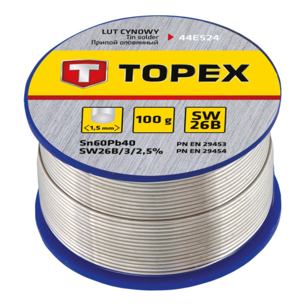 Припій олов'яний TOPEX Sn60Pb40 флюс SW26B дріт 1.5мм 100гр