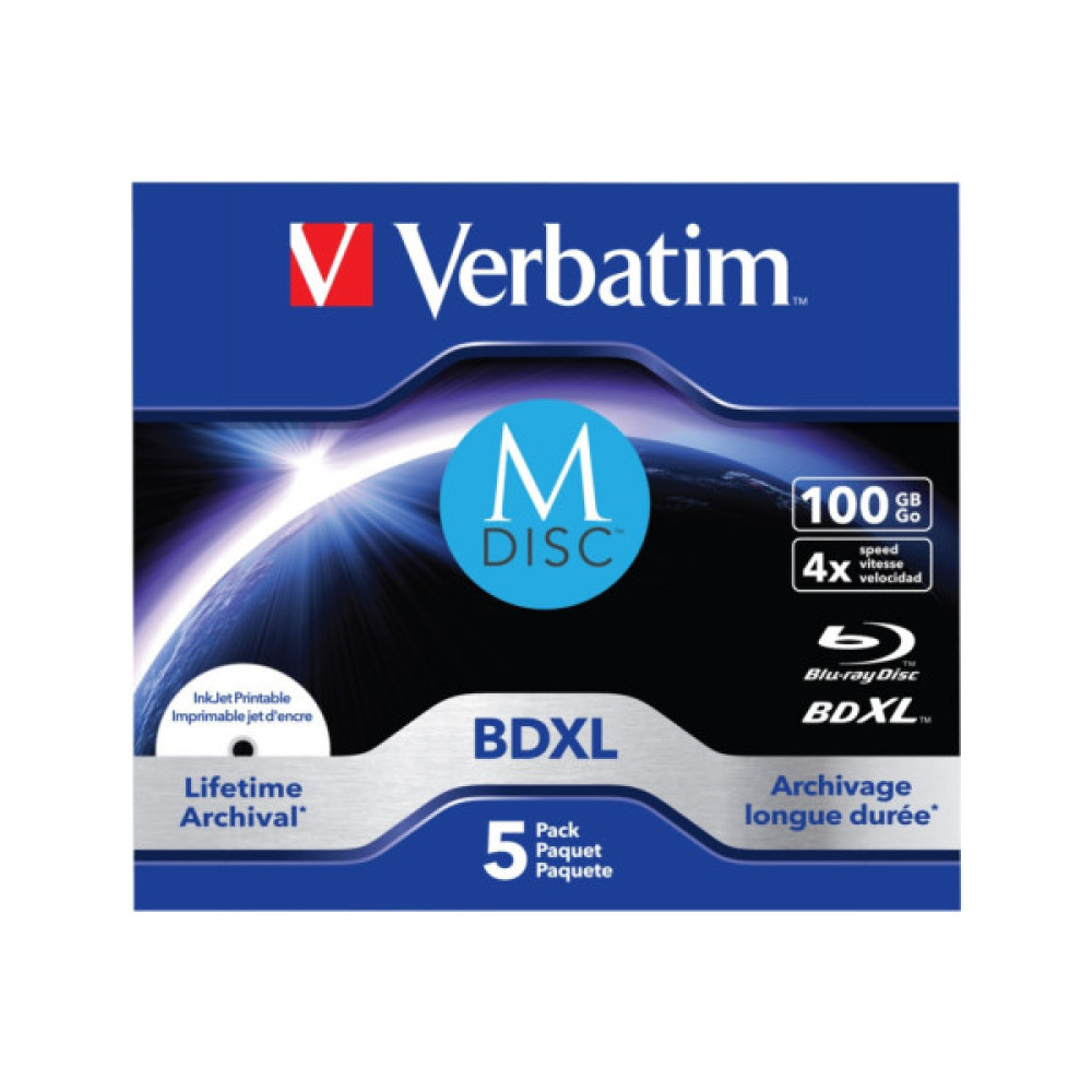 Диск BD Verbatim DL 100GB 4x Lifetime archival M-Disc 5шт Jewel (43834)