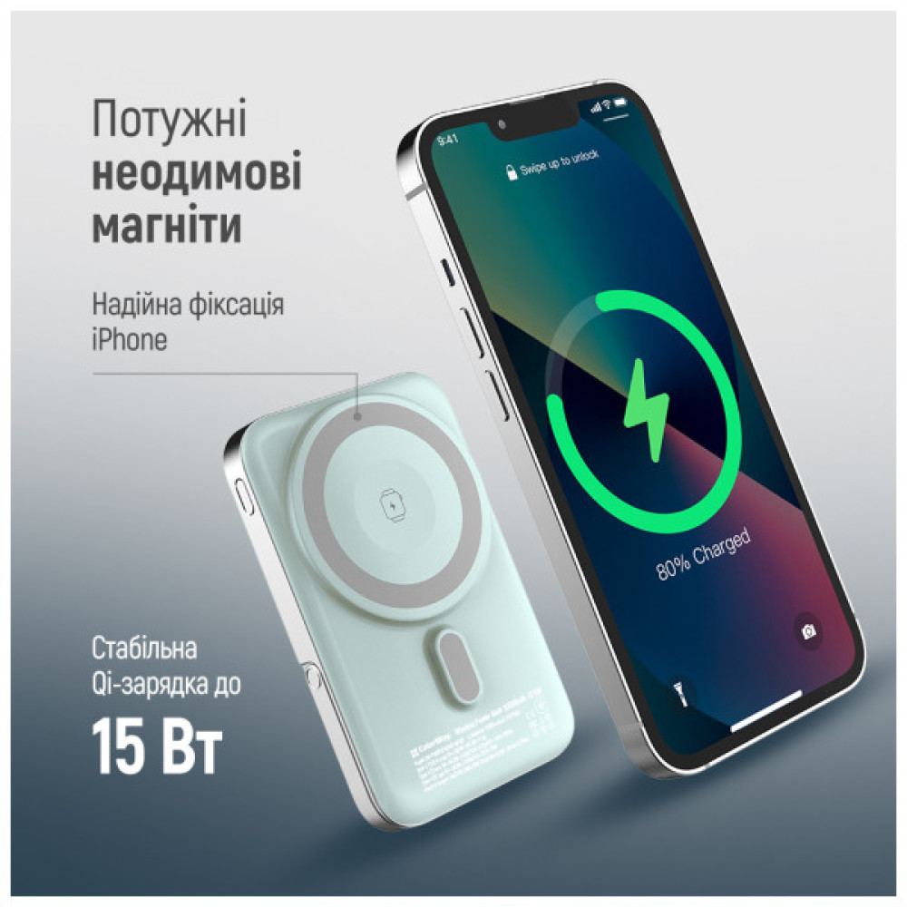 Батарея універсальна ColorWay 10 000 mAh PD/22.5W, 15W MagSafe & Watch Wireless Aquamarine (CW-PB100LPA2MT-WPDD)
