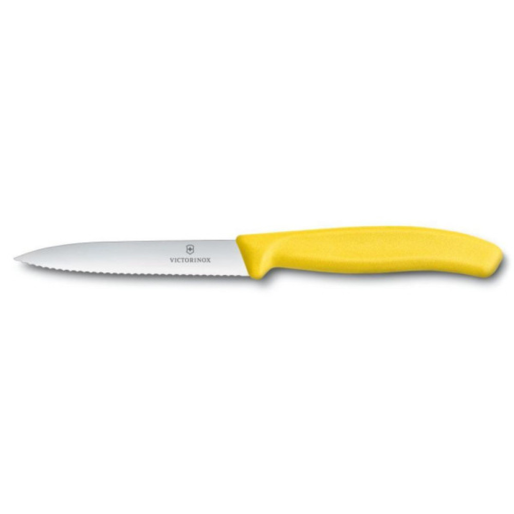Кухонний ніж Victorinox SwissClassic для нарезки 10 см, волнистое лезвие, желтый (6.7736.L8) Кухонний ніж Victorinox SwissClassic для нарезки 10 см, волнистое лезвие, желтый (6.7736.L8)