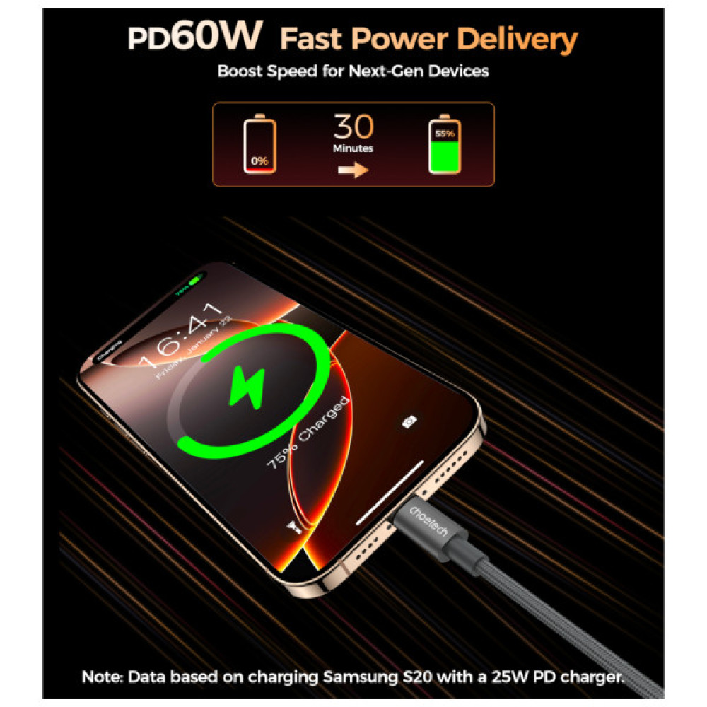 Дата кабель USB-C to USB-C 1.2m PD60W magnetic digital display nylon gray Choetech (XCC-1067-GY)