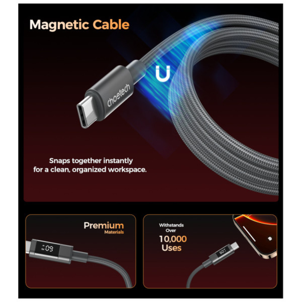 Дата кабель USB-C to USB-C 1.2m PD60W magnetic digital display nylon gray Choetech (XCC-1067-GY)