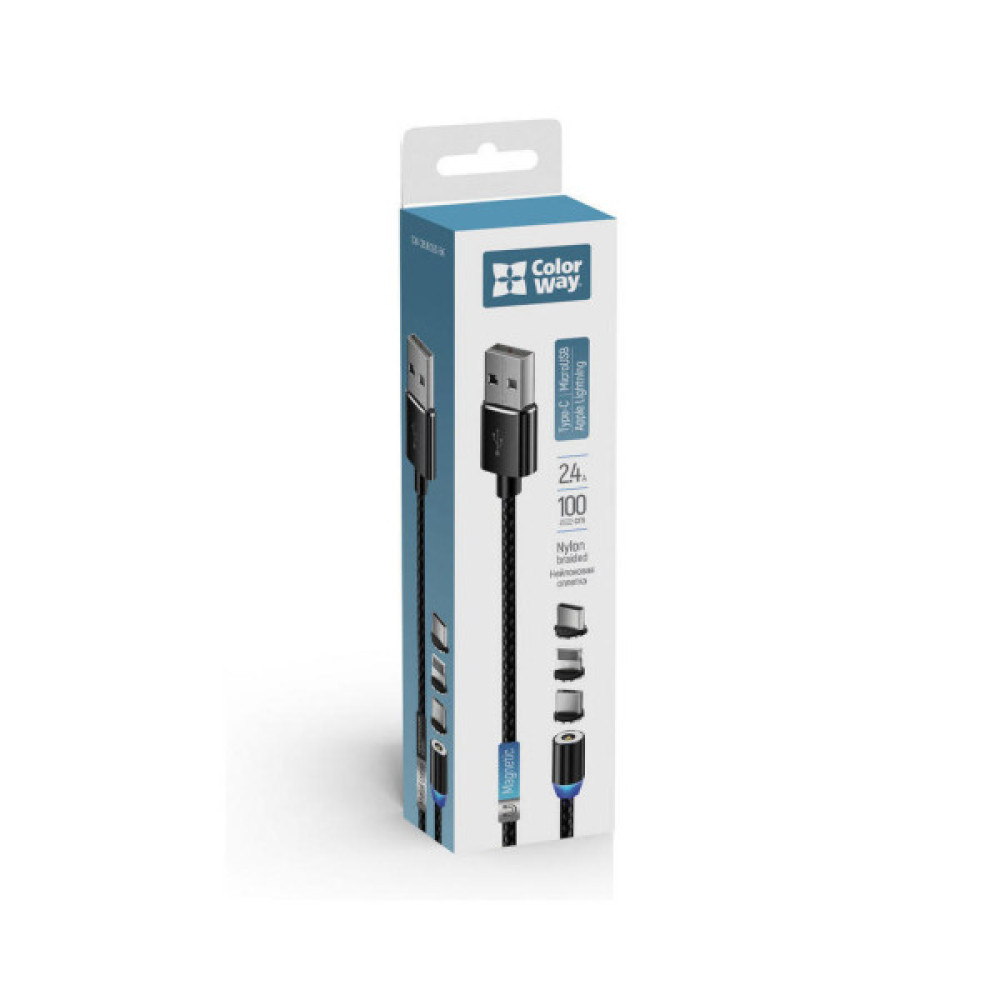 Дата кабель USB 2.0 AM to Lightning + Micro 5P + USB-C 1.0m Magnet only charge ColorWay (CW-CBUU020-BK)