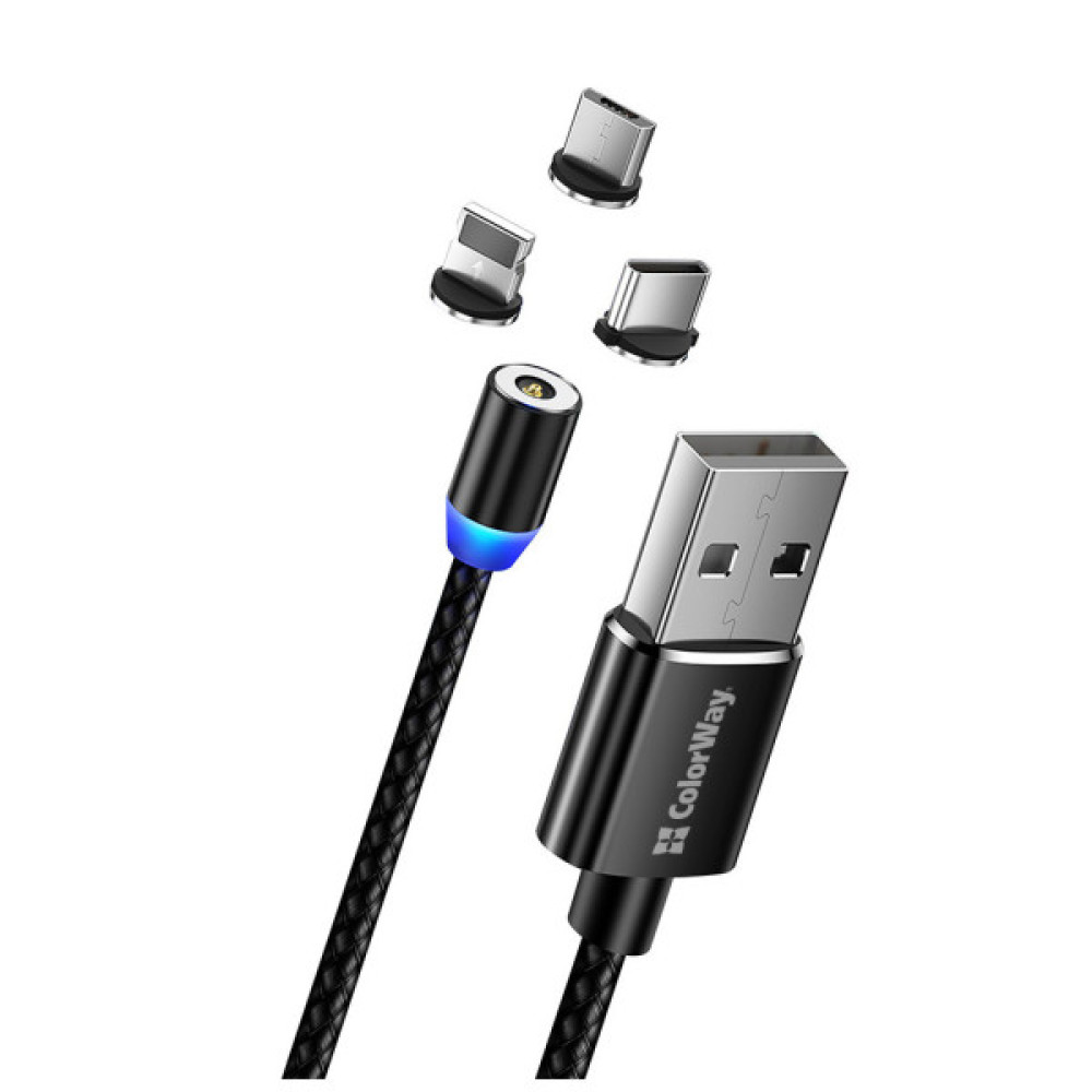 Дата кабель USB 2.0 AM to Lightning + Micro 5P + USB-C 1.0m Magnet only charge ColorWay (CW-CBUU020-BK)