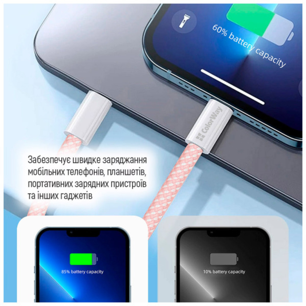 Дата кабель USB-C to Lightning 1.0m 27W pink ColorWay (CW-CBPDCL061-P)