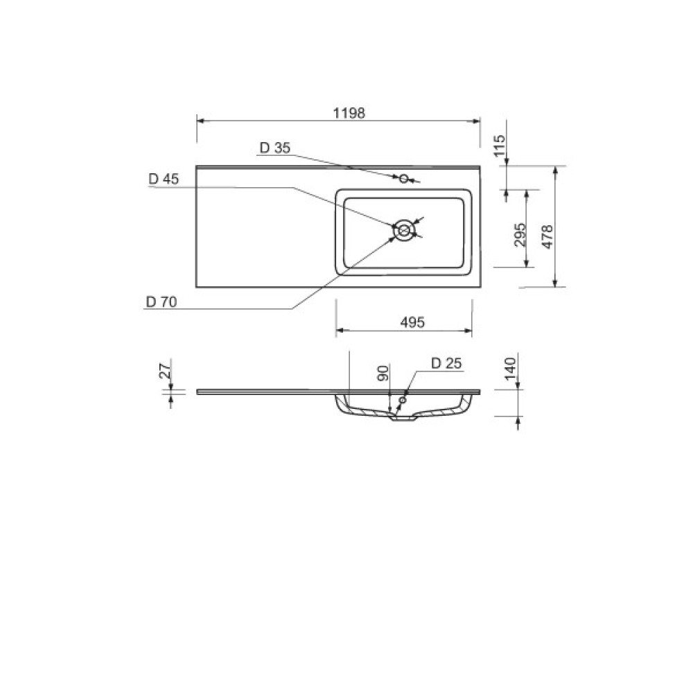 Набір для ванної кімнати, раковина, умивальник Adamant FLATE 120R, штучний камінь, прямокут., з сифоном Click-Clack + змішувач