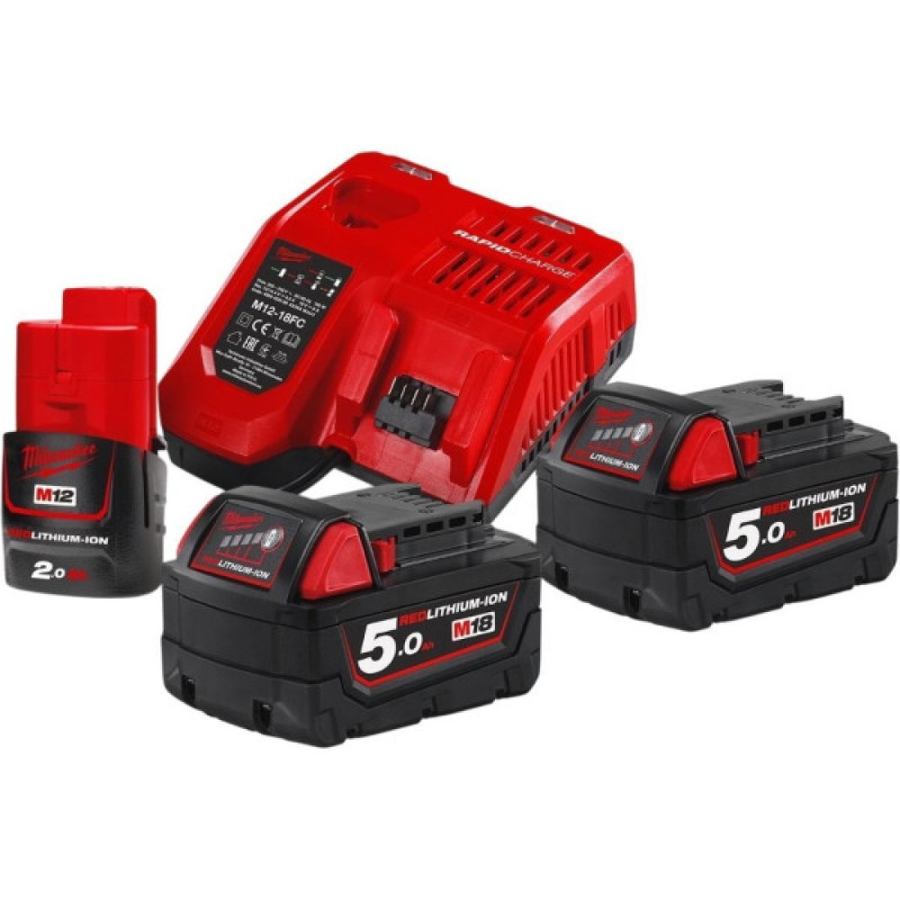 Набір акумулятора та зарядного пристрою Milwaukee NRG-502 12В 1х2А·год Redlithium M12, 18В 2х5А·год Redlithium M18, ЗП M12-18FC