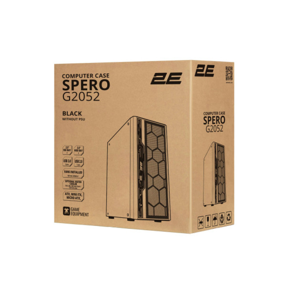 Корпус 2E GAMING Spero G2052 без БЖ 2xUSB3.0, 1xUSB2.0, 1x120мм ARGB, 2x120мм, VGA 345мм, LCS ready, TG Side Panel, ATX, чорний