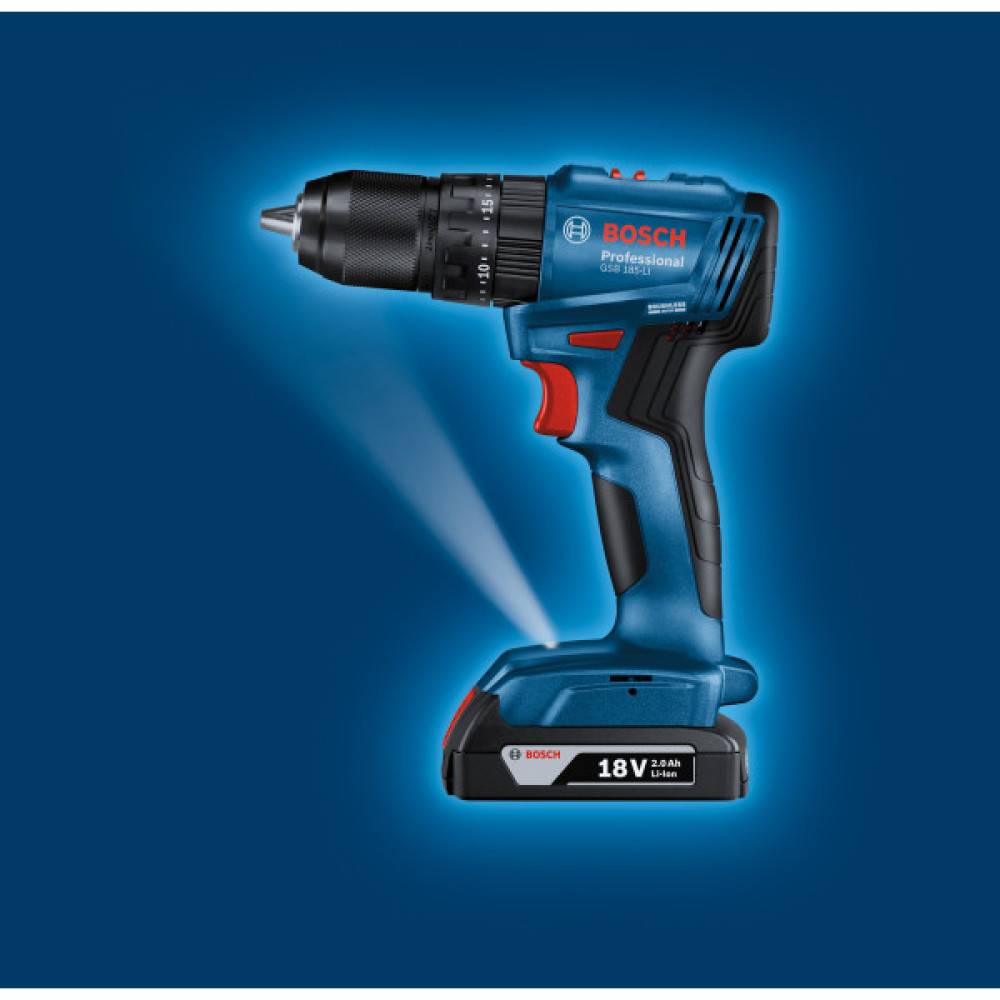 Шурупокрут-дриль ударний акумуляторний Bosch Professional GSB 185-LI 18В 2х2.0А·год 50Нм 500·1900об/хв кейс 1кг