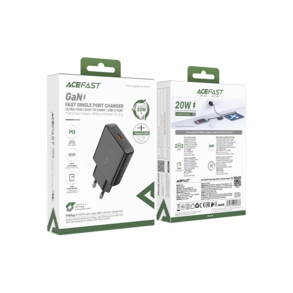 Зарядний пристрій Acefast A65 USB-C PD20W GaN ultra-thin Black (6974316282686)