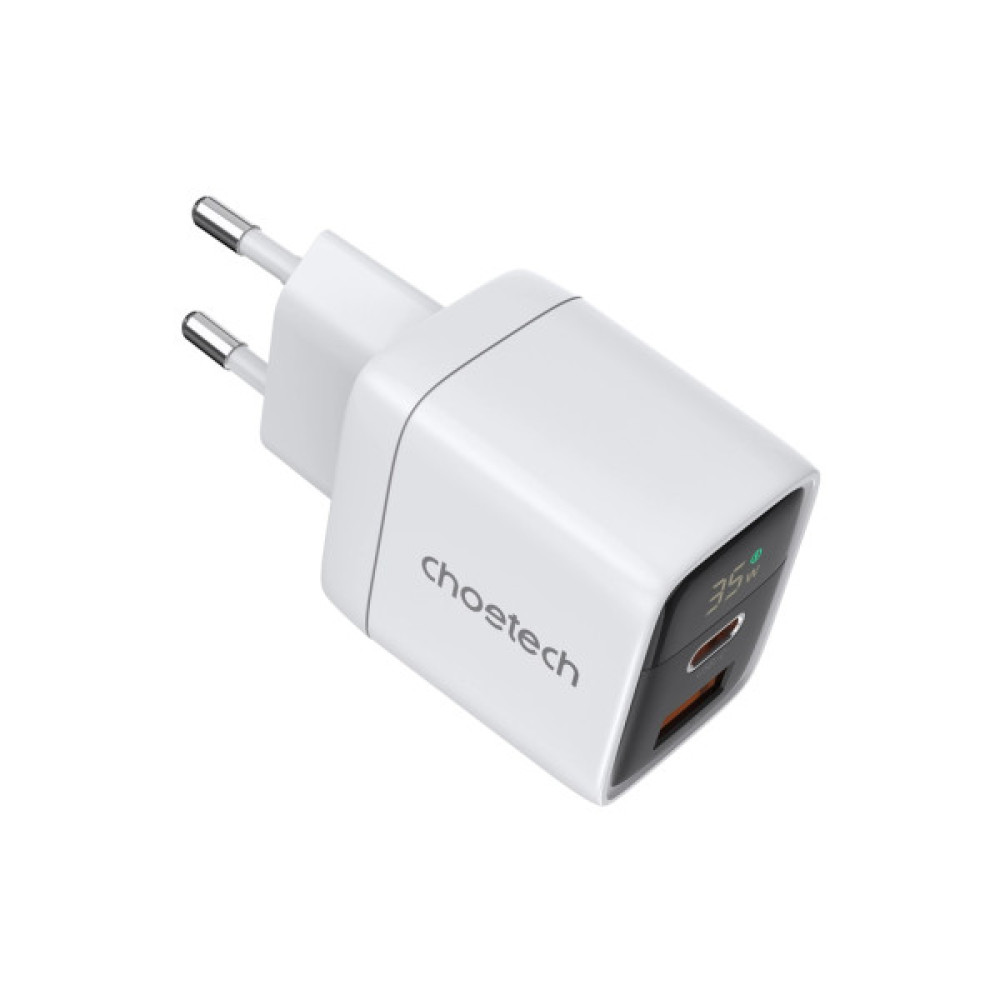 Зарядний пристрій Choetech 1xUSB + 1xUSB-C PD35W with display white (PD6052-EU-WH)
