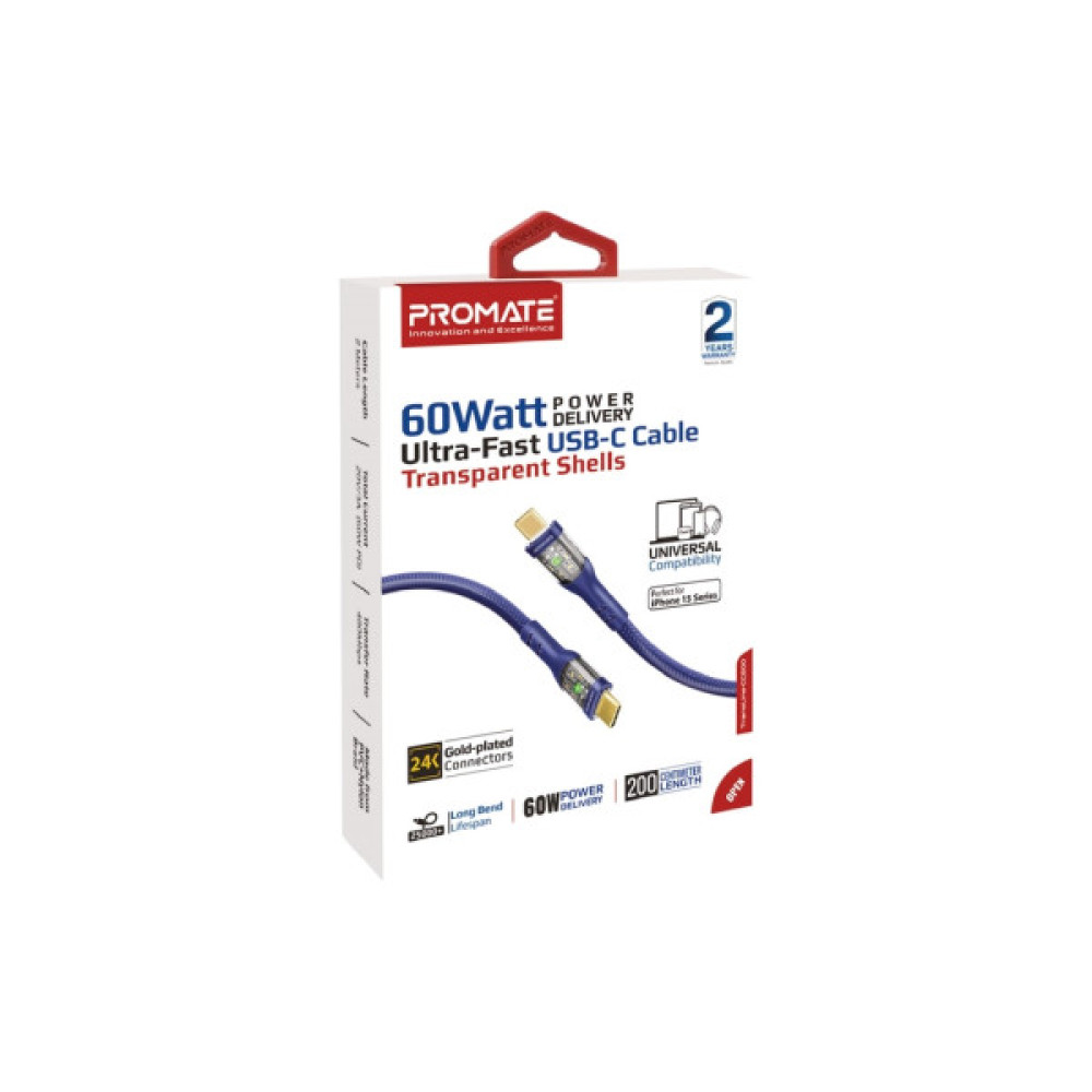 Дата кабель USB-C to USB-C 2.0m Promate (transline-cc200.navy)
