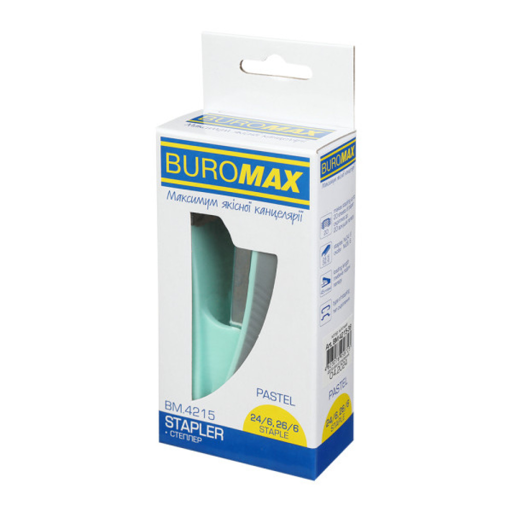 Степлер Buromax пластиковий PASTEL, 20 аркушів, (скоби №24, 26), 111 х 62 х 32 мм, м'ятний (BM.4215-38)