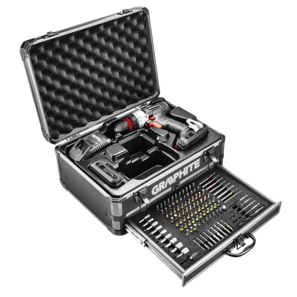 Шурупокрут-дриль акумуляторний GRAPHITE Energy+ 18В 2х2.0А·год 44Нм 0-1250об/хв набір 109шт приладдя кейс 7.35кг