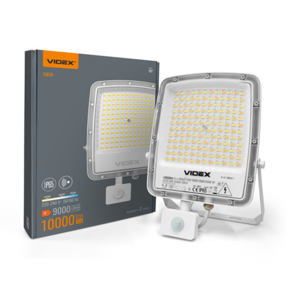 Прожектор Videx F5 100W 3000-5000-6500K з датчиком руху 230V White (VL-F5-100CW-S)