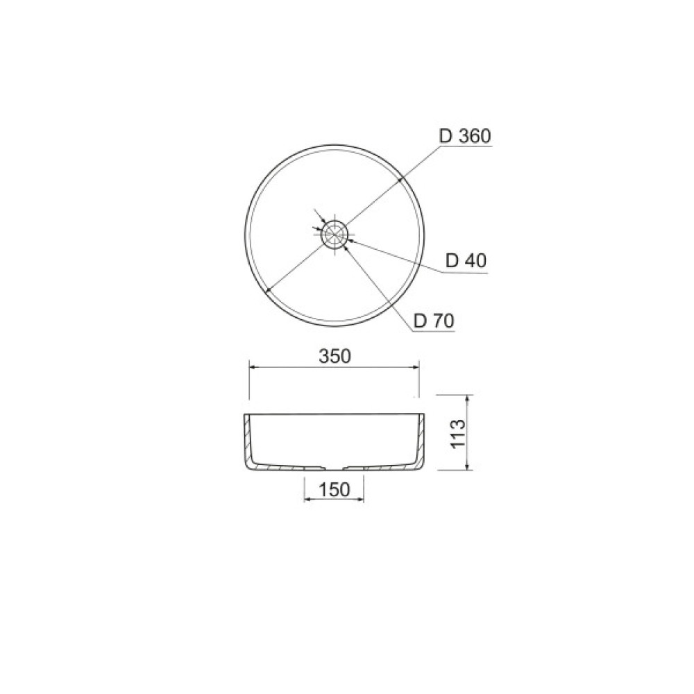 Раковина, умивальник Adamant ARENA, штучний камінь, кругла, без отвору для змішувача та переливу, 360х113мм, врезной, чорно-білий