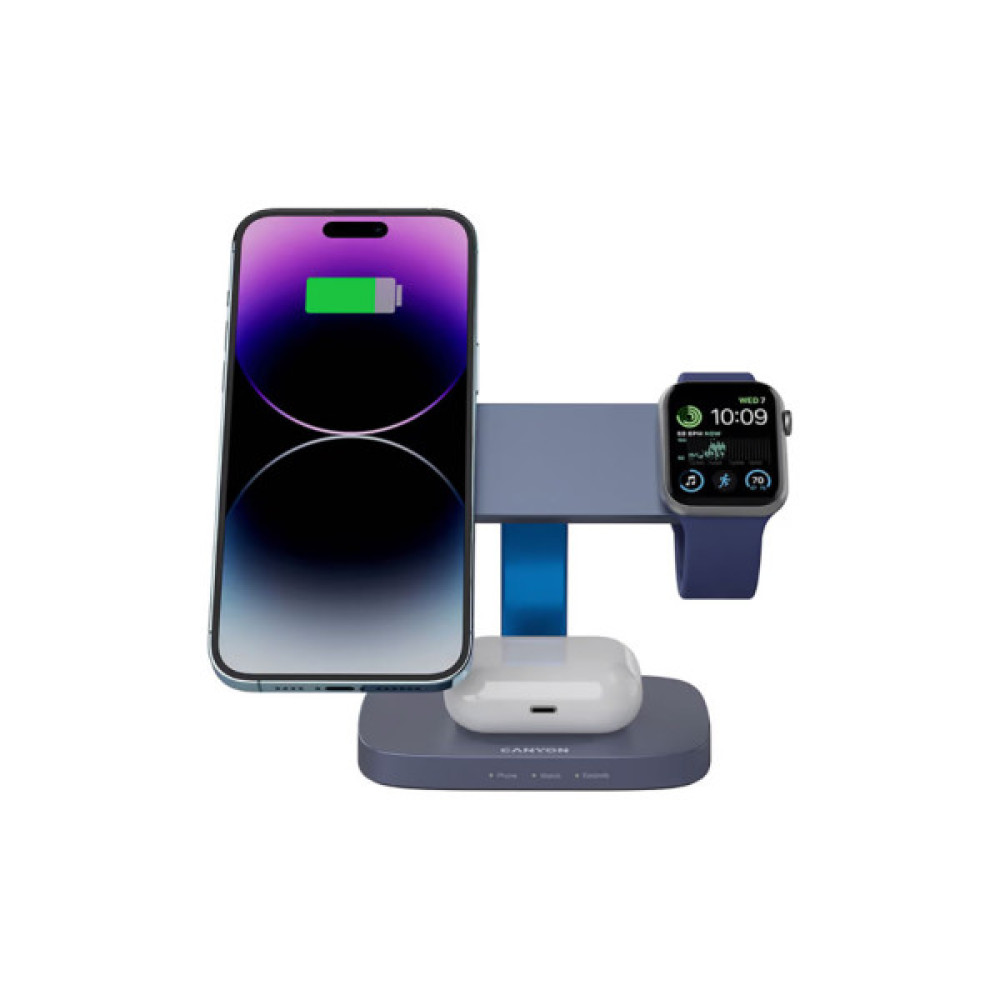 Зарядний пристрій Canyon wireless charger HEXAGON WCS-310 3in1 DarkGrey/Blue (CNS-WCS310DGBL)