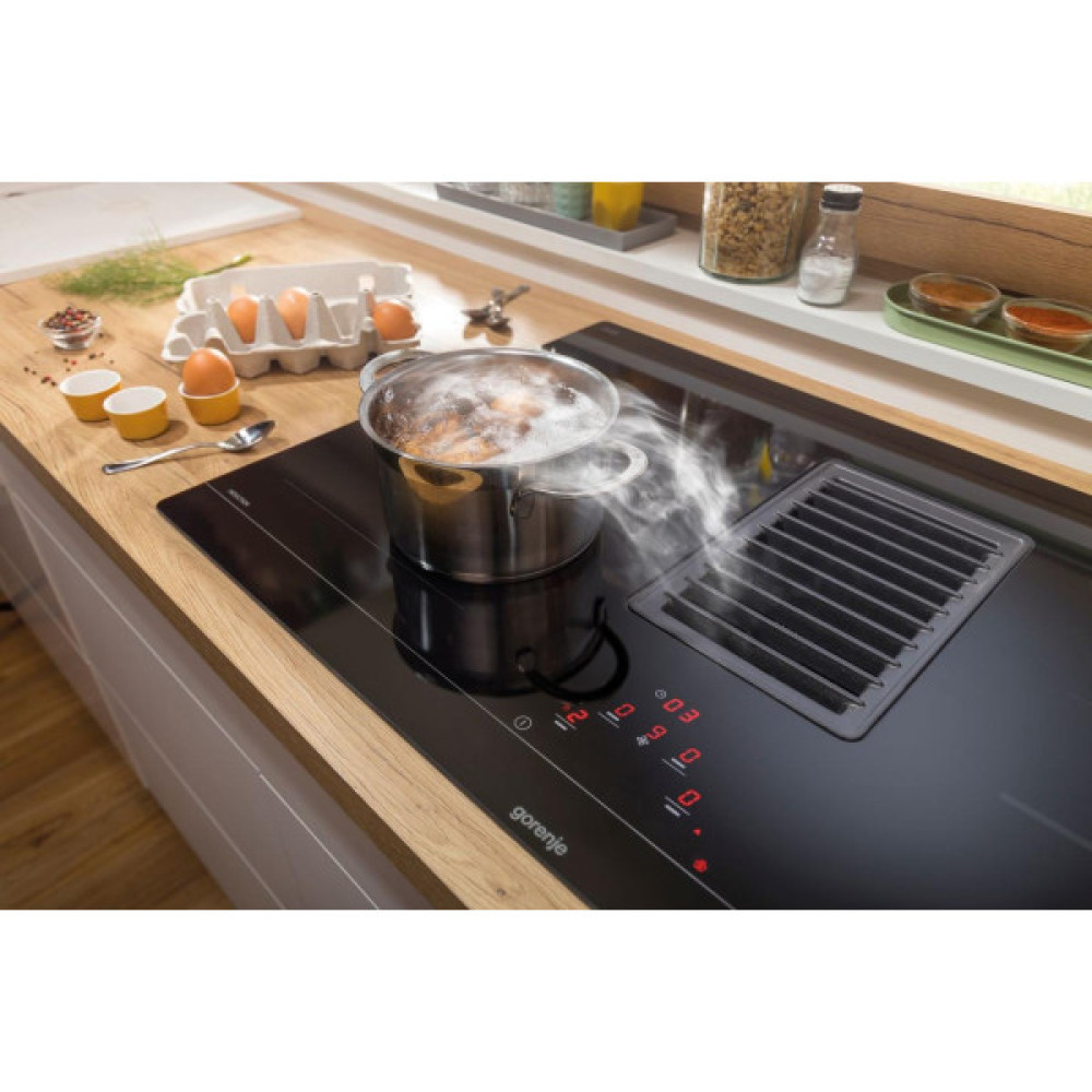 Варильна повверхня Gorenje індукційна, 83см, розширена зона, вбудована витяжка, 620м.куб/год, чорний