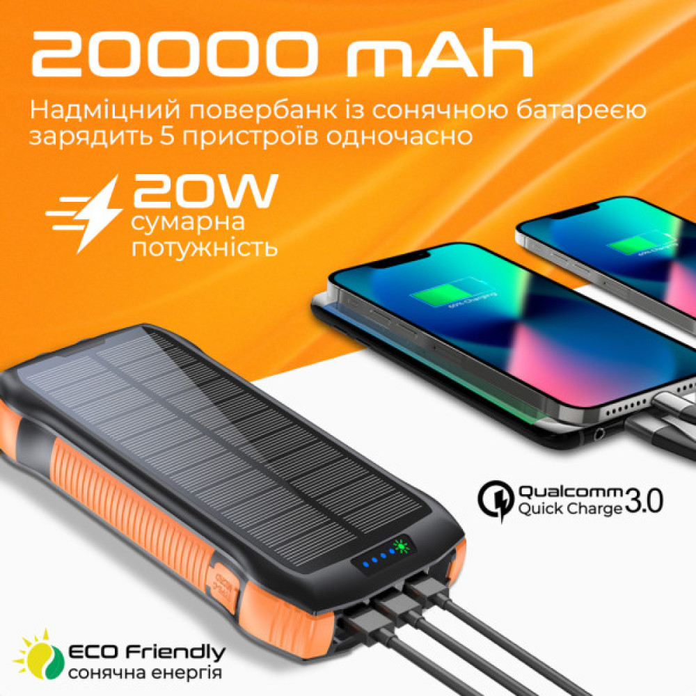 Батарея універсальна Promate 20000mAh PD/20W, QC/3/0, Solar, QI, IP65 (solartank-20pdqi.black)