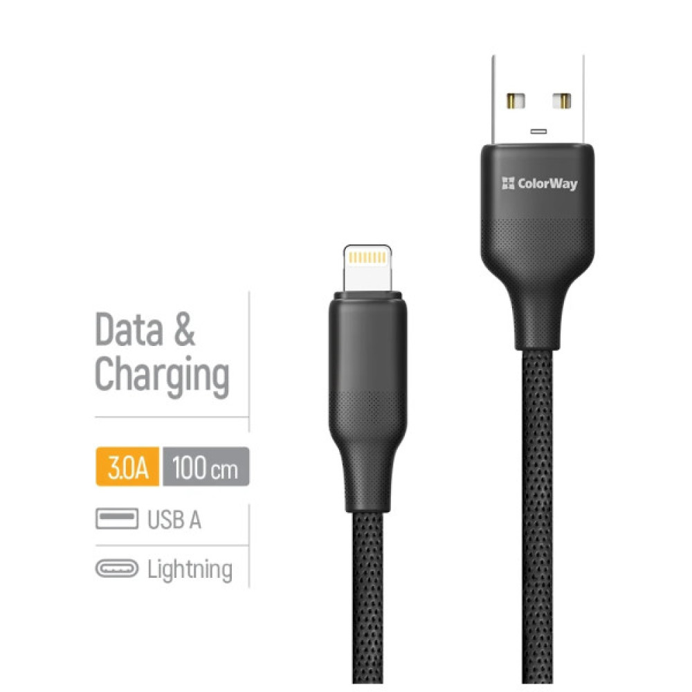 Дата кабель USB 2.0 AM to Lightning 1.0m 3A TPE embossed black ColorWay (CW-CBUL101-BK)