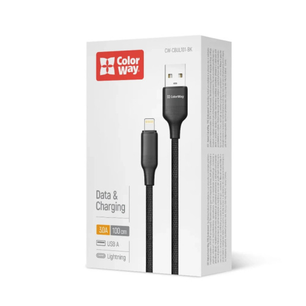 Дата кабель USB 2.0 AM to Lightning 1.0m 3A TPE embossed black ColorWay (CW-CBUL101-BK)