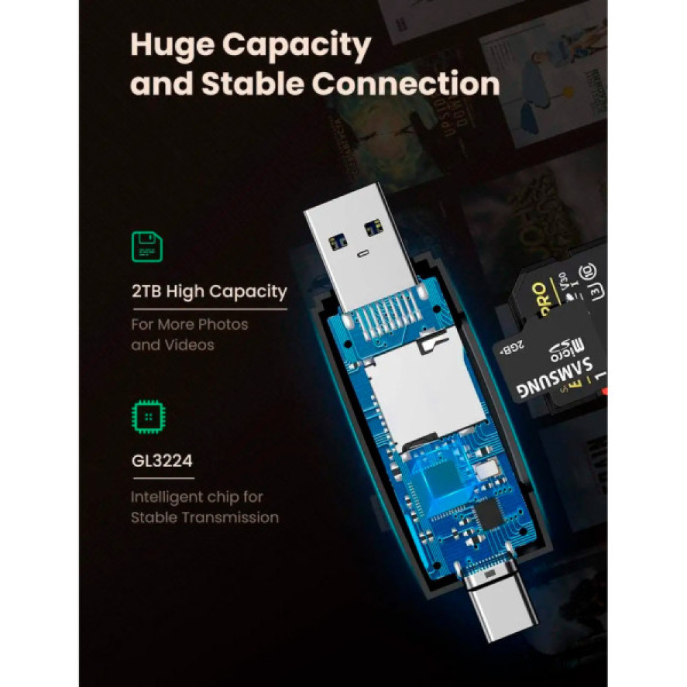 Зчитувач флеш-карт Ugreen USB-C + USB to TF/SD 3.0 CM304 black (80191)