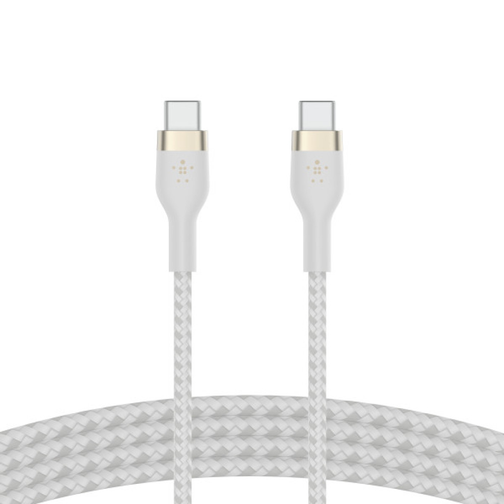 Кабель Belkin USB-C > USB-C заряджання/синхронізації 60Вт PD, 1м, плетений, силіконовий, з ремінцем на магніті, білий
