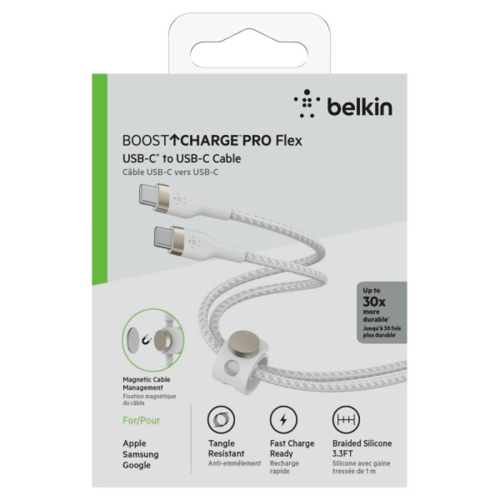 Кабель Belkin USB-C > USB-C заряджання/синхронізації 60Вт PD, 1м, плетений, силіконовий, з ремінцем на магніті, білий