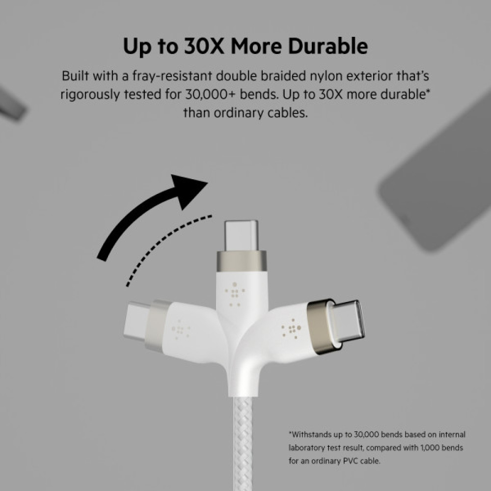 Кабель Belkin USB-C > USB-C заряджання/синхронізації 60Вт PD, 1м, плетений, силіконовий, з ремінцем на магніті, білий