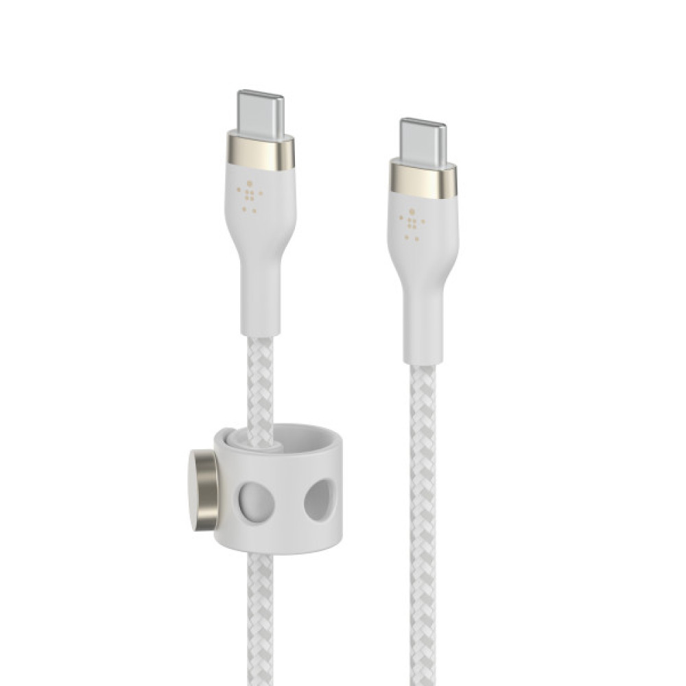 Кабель Belkin USB-C > USB-C заряджання/синхронізації 60Вт PD, 1м, плетений, силіконовий, з ремінцем на магніті, білий
