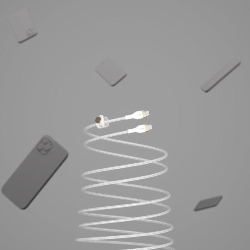 Кабель Belkin USB-C > USB-C заряджання/синхронізації 60Вт PD, 1м, плетений, силіконовий, з ремінцем на магніті, білий