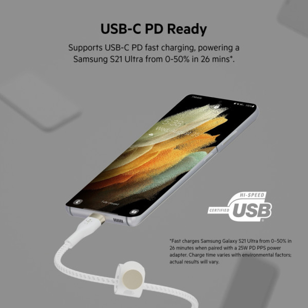 Кабель Belkin USB-C > USB-C заряджання/синхронізації 60Вт PD, 1м, плетений, силіконовий, з ремінцем на магніті, білий