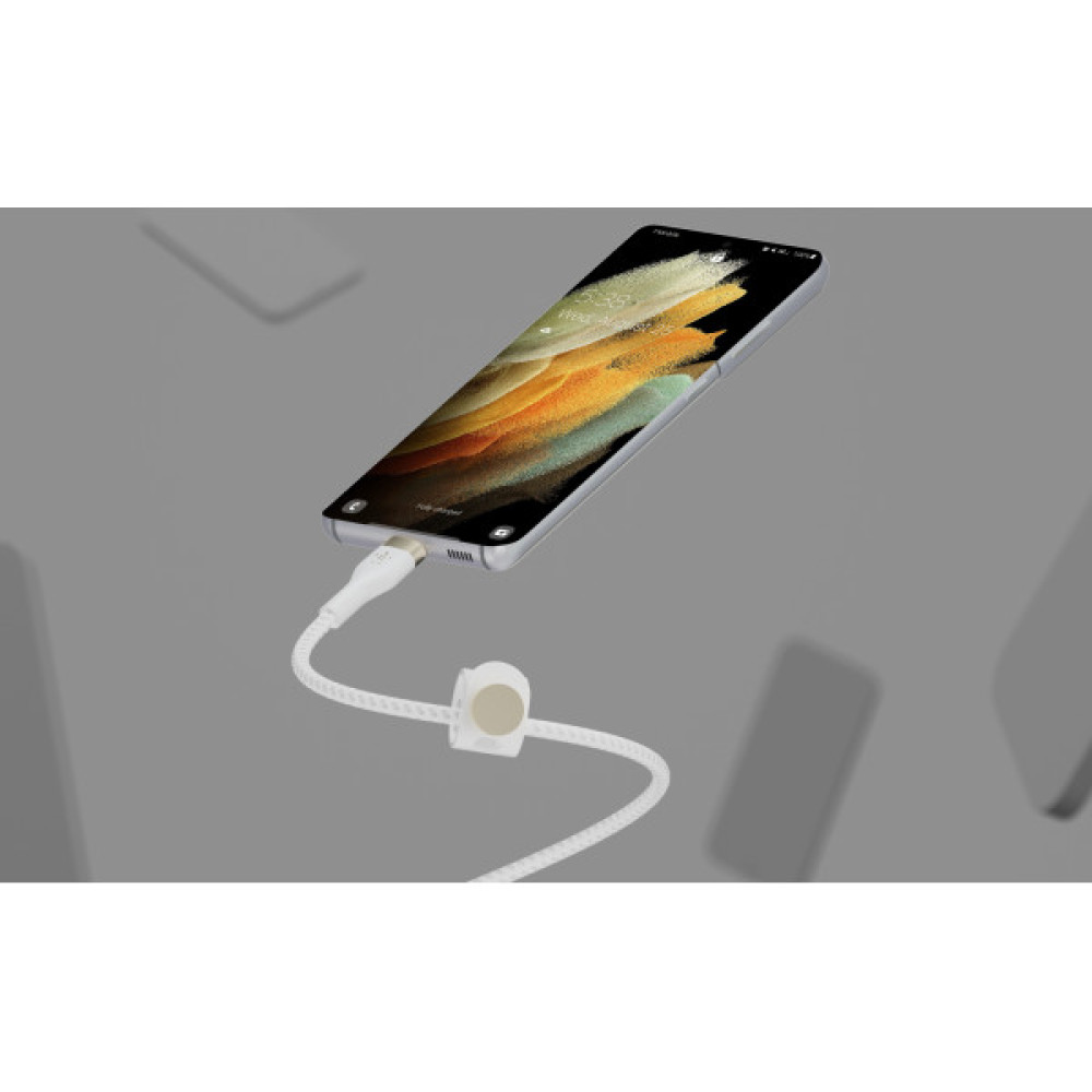 Кабель Belkin USB-C > USB-C заряджання/синхронізації 60Вт PD, 1м, плетений, силіконовий, з ремінцем на магніті, білий