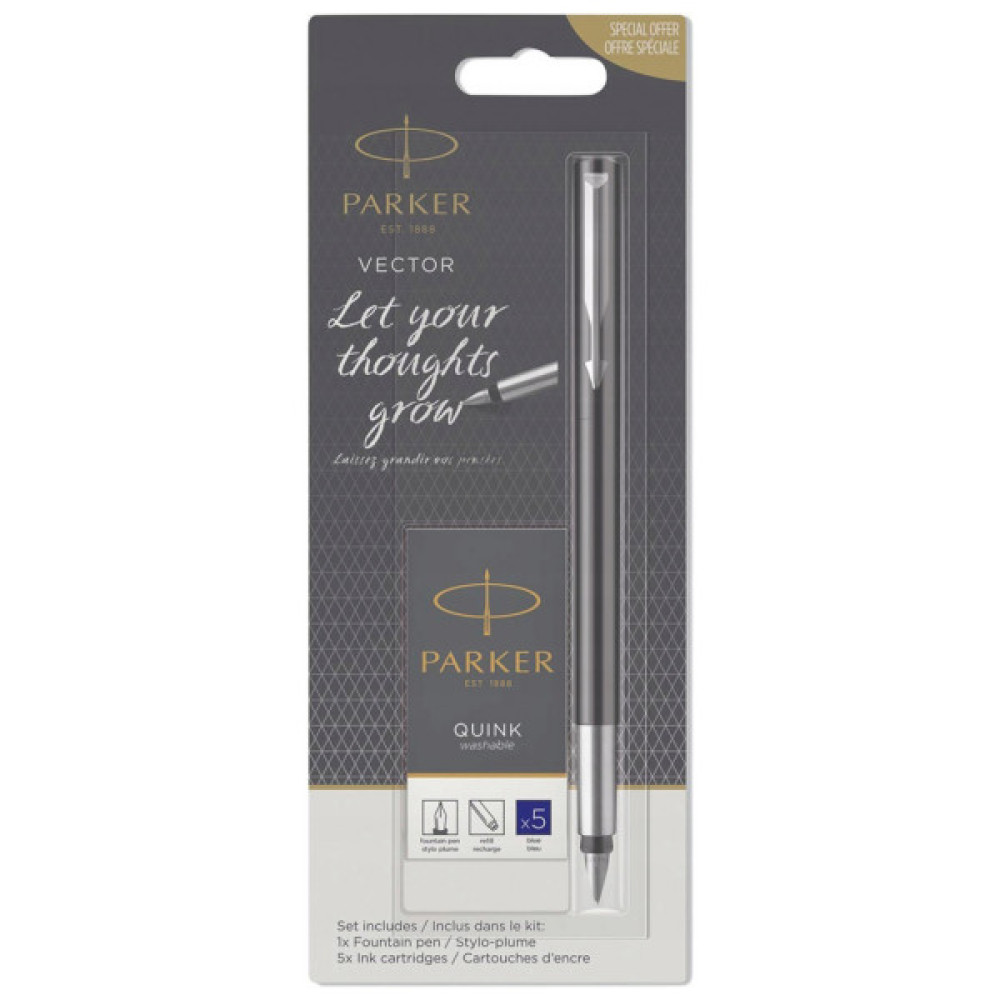 Ручка пір'яна Parker VECTOR 17  Black  FP M + Картриджі Parker Quink /5шт. син. змивані блістер (05 116b)