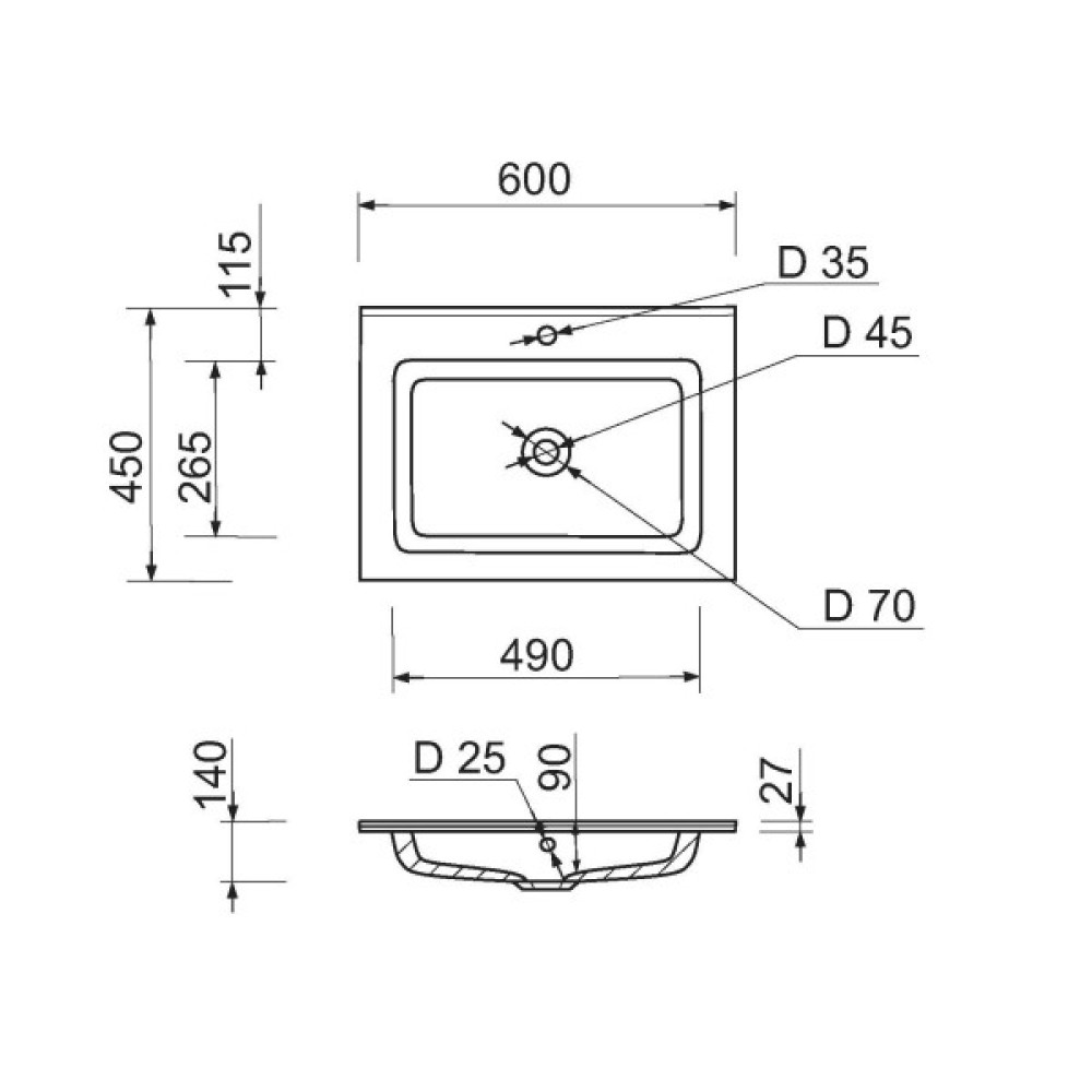 Раковина, умивальник Adamant FLATE, штучний камінь, прямокут., з отвором для змішувача, з отвором для переливу, 600х450х140мм, накладний, білий