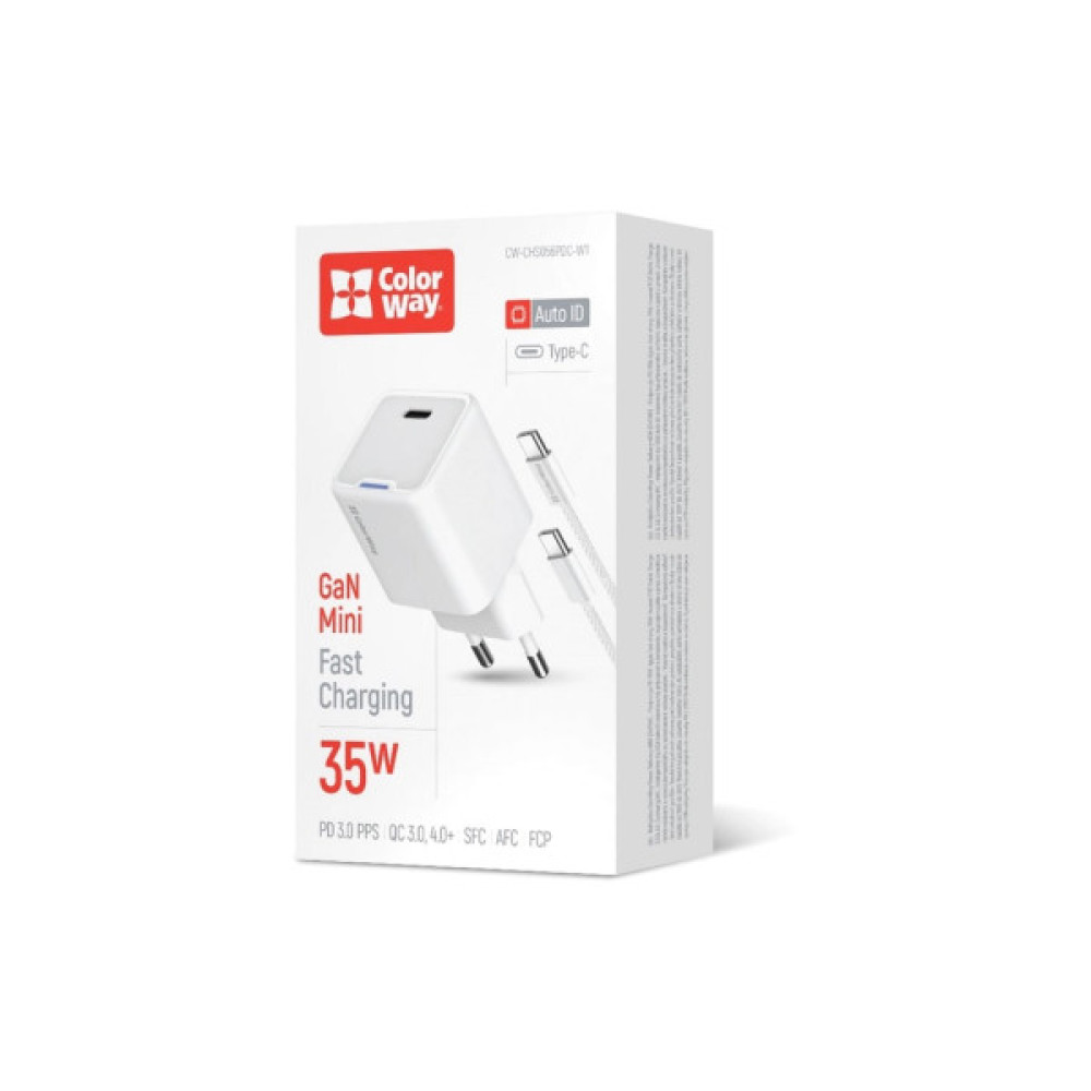 Зарядний пристрій ColorWay GaN Mini 35W PD Port PPS USB-C white cable Type-C (CW-CHS056PDC-WT)
