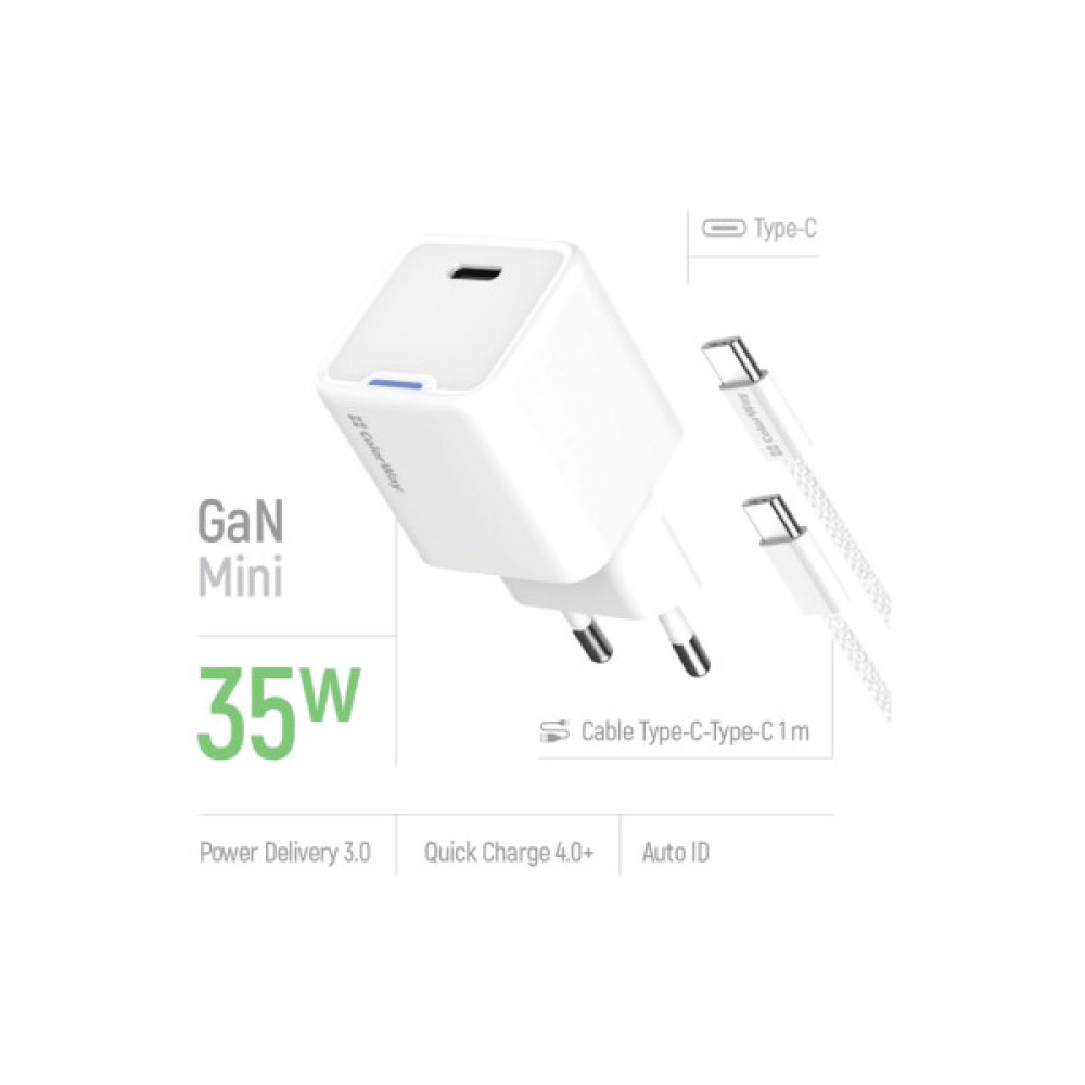 Зарядний пристрій ColorWay GaN Mini 35W PD Port PPS USB-C white cable Type-C (CW-CHS056PDC-WT)