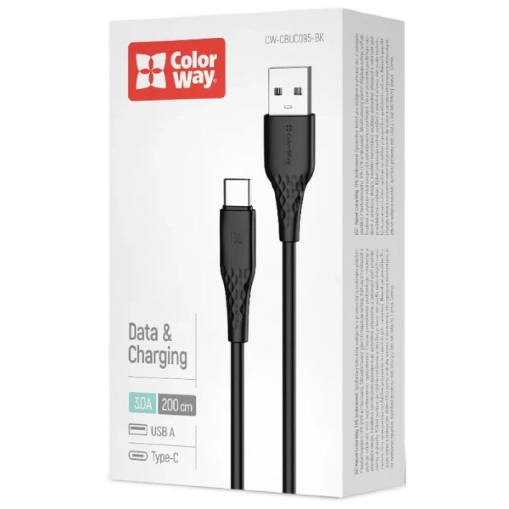 Дата кабель USB 2.0 AM to USB-C 2.0m 3A textured PVC black ColorWay (CW-CBUC095-BK)