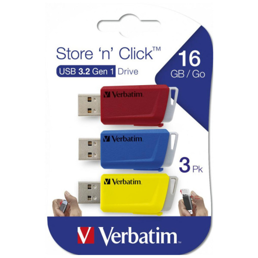 USB флеш накопичувач Verbatim 3x16GB Store 'n' Click Red/Blue/Yellow USB 3.2 (49306)