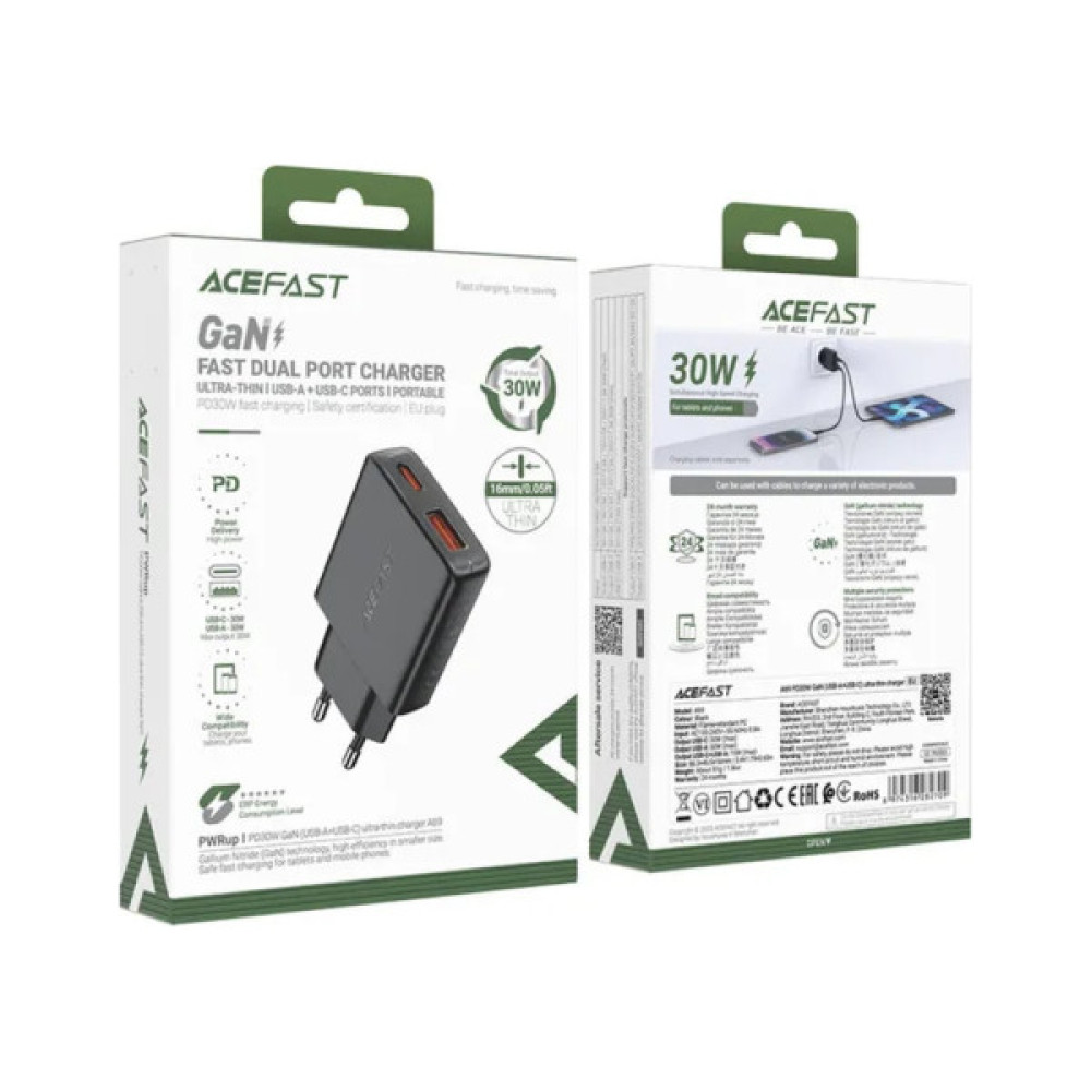 Зарядний пристрій Acefast 2xUSB 30W (USB-C+USB-A) Gan A69 ultra-thin Fast Charger Black (6974316282709)